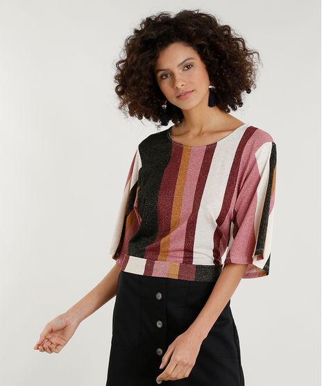 Blusa-Feminina-Listrada-com-Lurex-Manga-Curta-Decote-Redondo-Rosa-Escuro-9355541-Rosa_Escuro_1