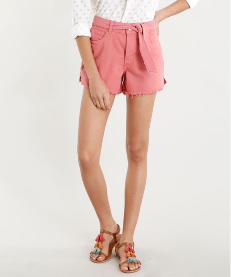 Short-de-Sarja-Feminino-com-Faixa-de-Amarrar-Coral-9346402-Coral_1