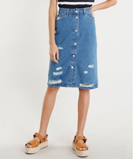 Saia-Jeans-Feminina-Midi-Destroyed-com-Botoes-Azul-Medio-9346386-Azul_Medio_1