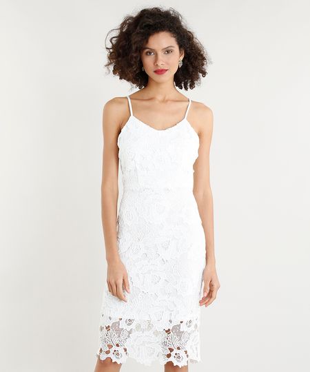 Vestido Feminino Midi em Renda Alças Finas Branco Menor preço em Vestido Feminino Midi em Renda Alças Finas Branco