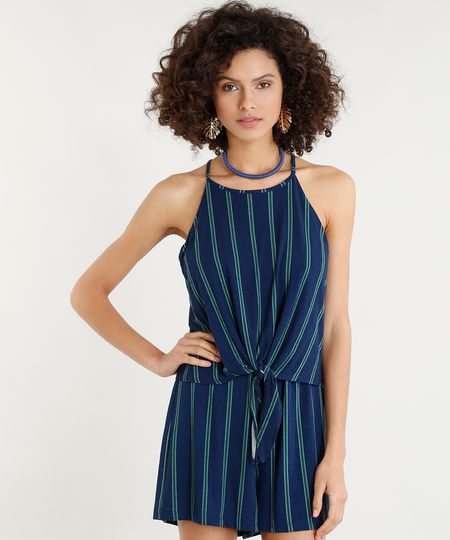 Macaquinho Feminino Listrado com Sobreposição e Nó Alças Finas Decote Redondo Azul Marinho - P Menor preço em Macaquinho Feminino Listrado com Sobreposição e Nó Alças Finas Decote Redondo Azul Marinho - P