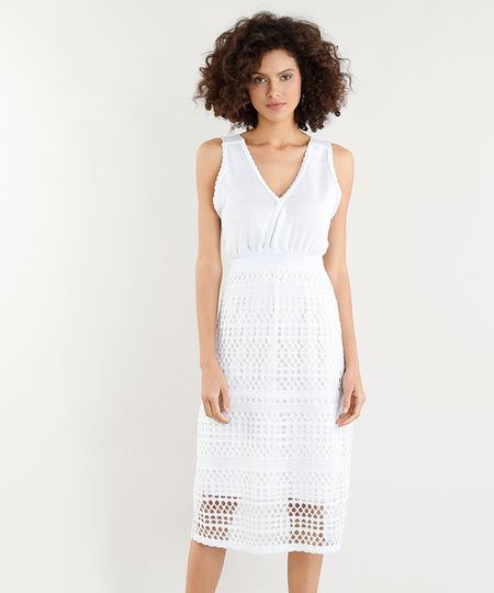 Vestido Feminino Midi em Tricô com Lurex Decote V Off White Menor preço em Vestido Feminino Midi em Tricô com Lurex Decote V Off White