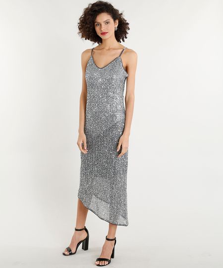 Vestido Feminino Midi Assimétrico em Paetês Alças Finas Prateado Menor preço em Vestido Feminino Midi Assimétrico em Paetês Alças Finas Prateado
