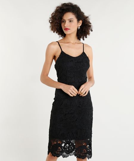 Vestido Feminino Midi em Renda Alças Finas Preto Menor preço em Vestido Feminino Midi em Renda Alças Finas Preto