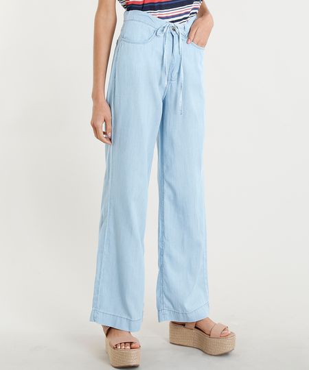 Calça Pantalona Jeans Feminina com Amarração Azul Claro Menor preço em Calça Pantalona Jeans Feminina com Amarração Azul Claro
