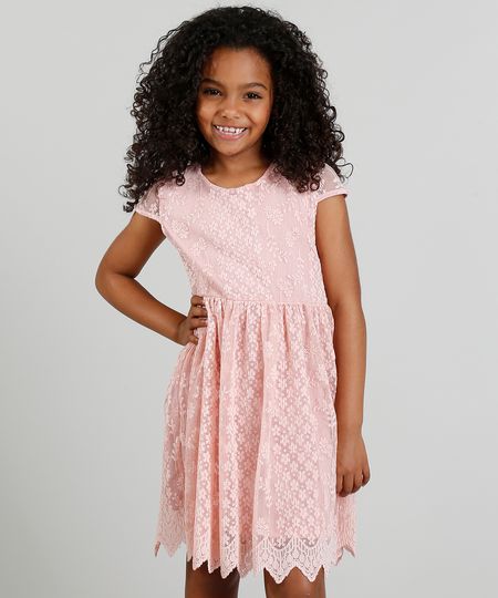 Vestido Infantil em Renda com Vazado Rosa Menor preço em Vestido Infantil em Renda com Vazado Rosa