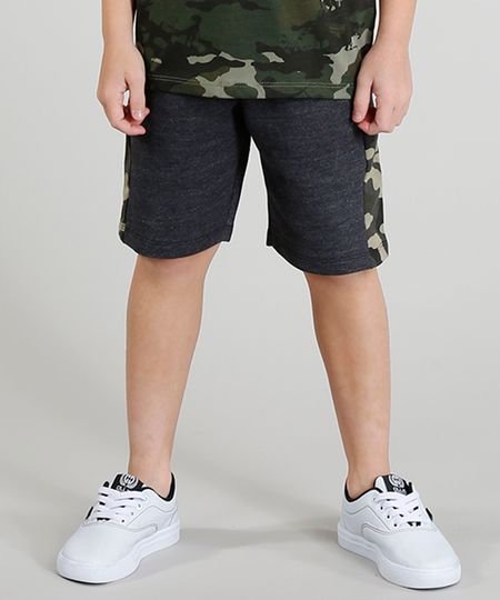 Bermuda Infantil em Moletom com Recorte Camuflado Cinza Mescla Escuro Menor preço em Bermuda Infantil em Moletom com Recorte Camuflado Cinza Mescla Escuro