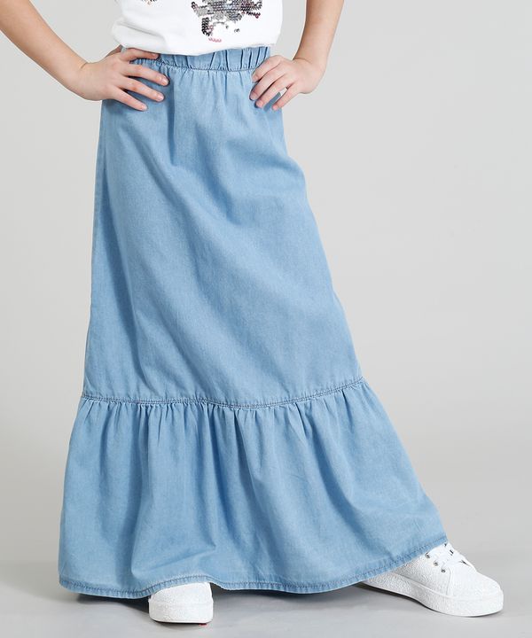Saia Jeans Infantil Longa com Babado Azul Claro 4