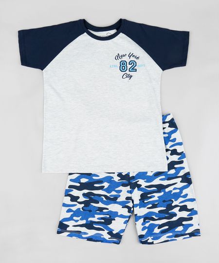 Pijama Infantil Raglan "New York" Manga Curta Cinza Mescla Claro Menor preço em Pijama Infantil Raglan "New York" Manga Curta Cinza Mescla Claro