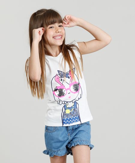 Regata Infantil com Estampa Menina com Paetê Dupla Face e Babado Off White Menor preço em Regata Infantil com Estampa Menina com Paetê Dupla Face e Babado Off White