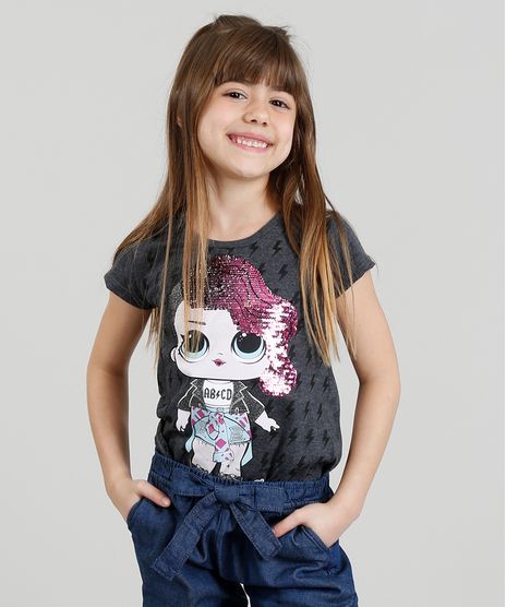 Blusa-Infantil-LOL-Surprise-com-Paete-Dupla-Face-Manga-Curta-Decote-Redondo-Cinza-Mescla-Escuro-9297075-Cinza_Mescla_Escuro_1