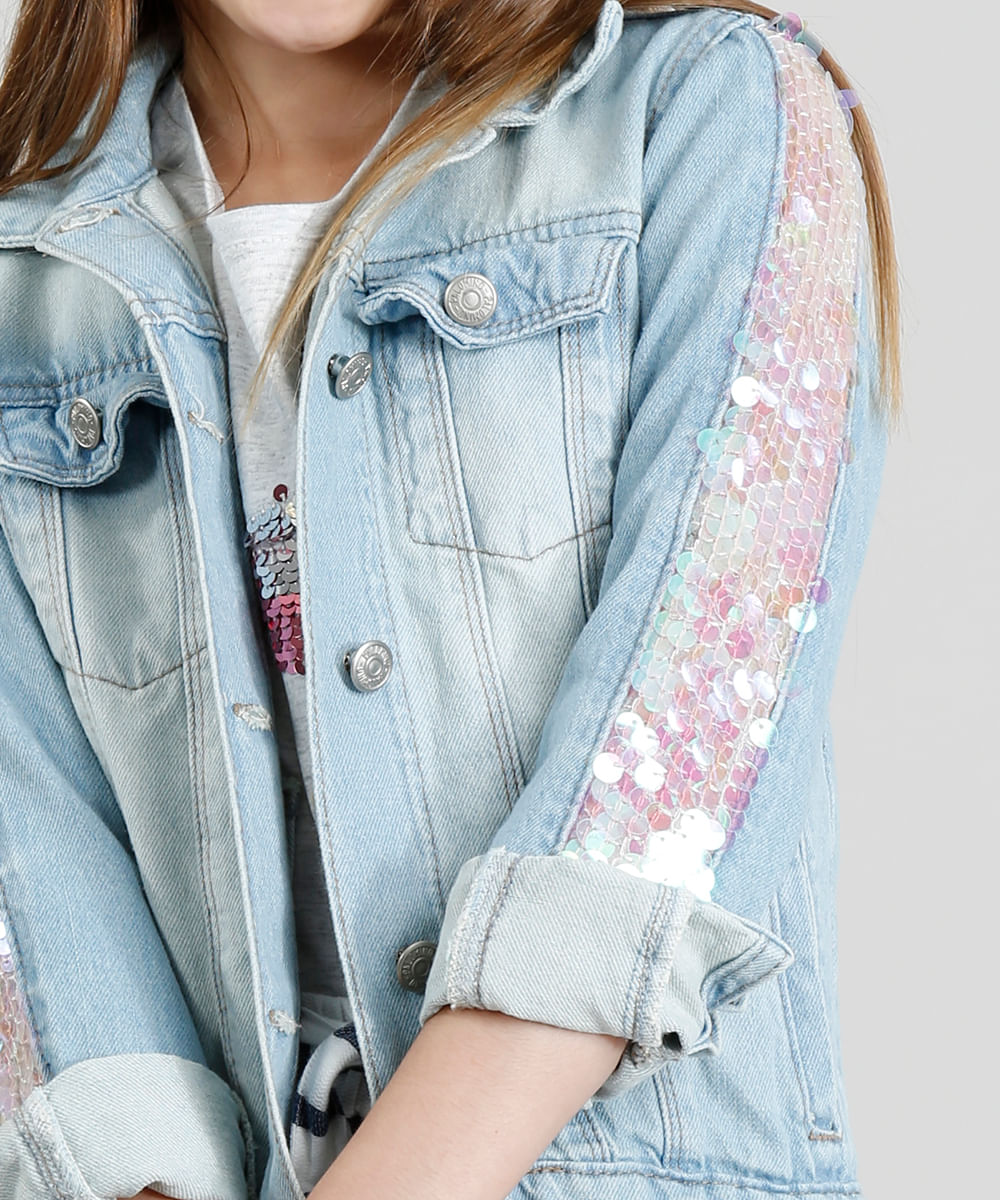 jaqueta jeans com manga de paete