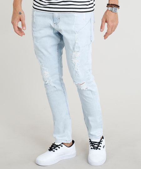 calça jeans masculina carrot destroyed azul claro