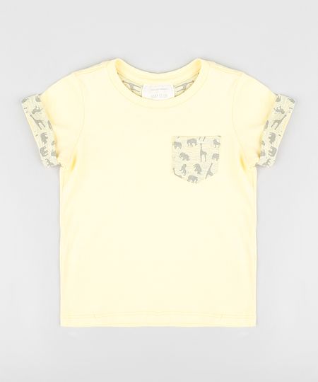 Camiseta-Infantil-com-Bolso-Estampado-de-Dinossauro-Manga-Curta-Gola-Careca-Amarela-9303327-Amarelo_1
