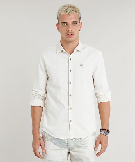 Camisa-Masculina-com-Bordado-de-Folha-em-Linho-Manga-Longa-Bege-Claro-9350183-Bege_Claro_1
