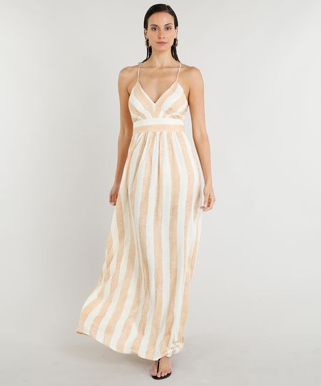 Vestido Feminino Longo Lenny Niemeyer Estampado Listrado Decote V Bege Claro Menor preço em Vestido Feminino Longo Lenny Niemeyer Estampado Listrado Decote V Bege Claro