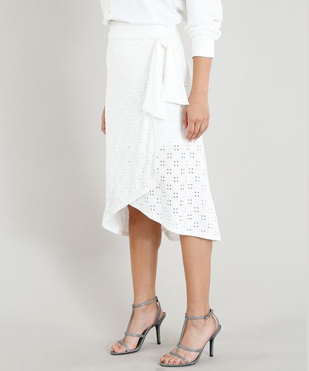 Saia Midi Feminina em Laise Mindset com Amarração Branca Menor preço em Saia Midi Feminina em Laise Mindset com Amarração Branca