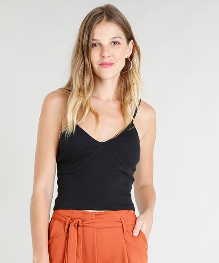 Regata Feminina Básica Cropped Canelada Alças Finas Decote V Preta Menor preço em Regata Feminina Básica Cropped Canelada Alças Finas Decote V Preta
