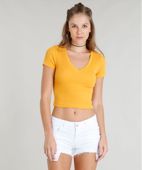 Blusa-Feminina-Basica-Cropped-Canelada-Manga-Curta-Decote-V-Mostarda-9379801-Mostarda_1