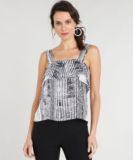 Regata Feminina Acetinada Estampada com Babado Branca Menor preço em Regata Feminina Acetinada Estampada com Babado Branca