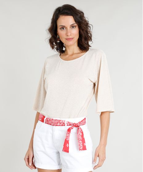 Blusa-Feminina-com-Lurex-Manga-Curta-Decote-Redondo-Bege-9355542-Bege_1