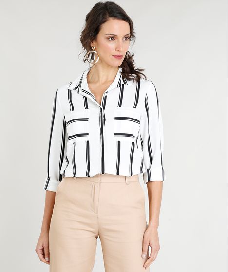 Camisa Feminina Listrada Com Bolsos Manga Longa Branca Cea