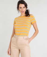 Blusa-Feminina-Basica-Listrada-Manga-Curta-Decote-Redondo-Mostarda-9312364-Mostarda_1