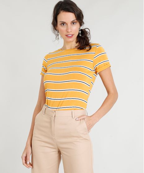 Blusa-Feminina-Basica-Listrada-Manga-Curta-Decote-Redondo-Mostarda-9312364-Mostarda_1