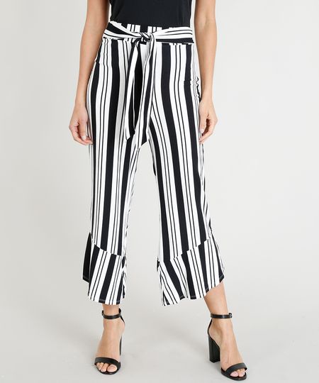 Calça Pantalona Feminina Listrada com Recorte na Barra Off White Menor preço em Calça Pantalona Feminina Listrada com Recorte na Barra Off White