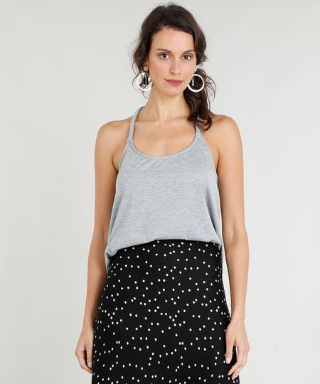 Regata Feminina Ampla com Trança Decote Nadador Cinza Mescla Menor preço em Regata Feminina Ampla com Trança Decote Nadador Cinza Mescla