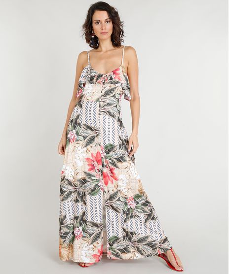Vestido-Longo-Feminino-Estampado-Floral-com-Babados-Bege-9355506-Bege_1