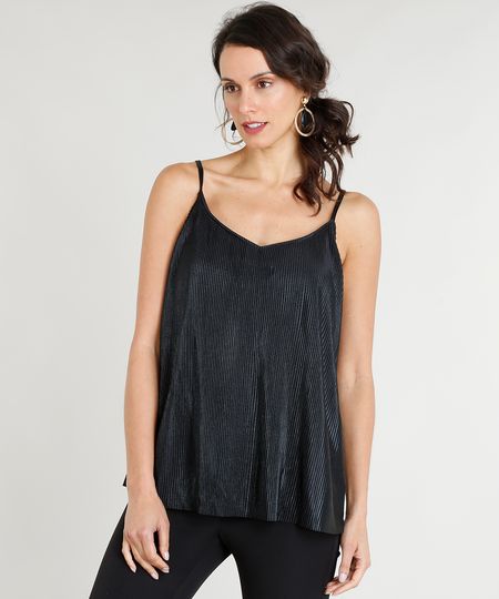 Regata Feminina Plissada Acetinada Alças Finas Decote Redondo Preta Menor preço em Regata Feminina Plissada Acetinada Alças Finas Decote Redondo Preta