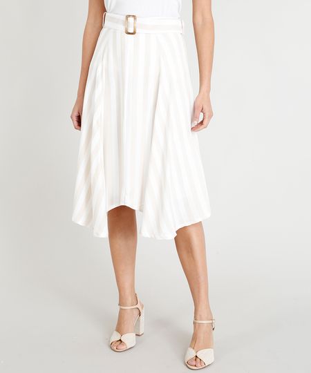 Saia Feminina Midi Listrada com Pontas e Fivela Off White Menor preço em Saia Feminina Midi Listrada com Pontas e Fivela Off White
