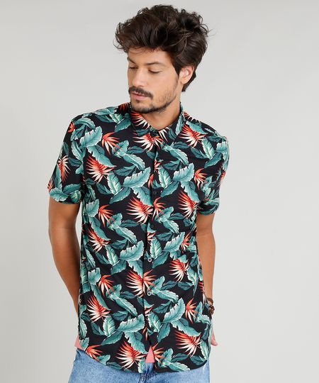 Camisa-Masculina-Estampada-Tropical-Manga-Curta-Gola-Esporte-Preta-9348258-Preto_1
