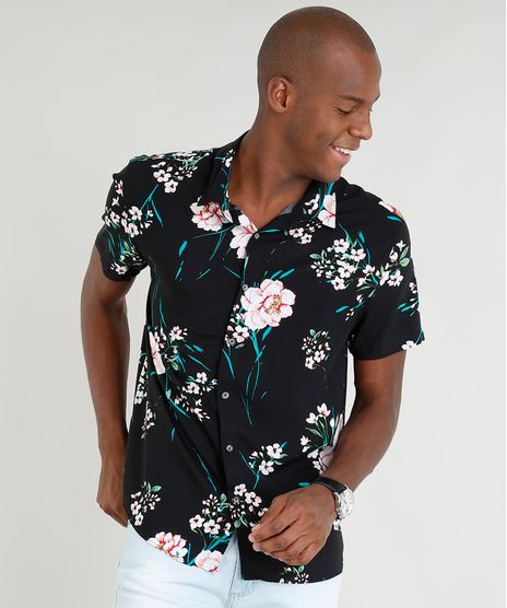 Camisa-Masculina-Relaxed-Estampada-Floral-Manga-Curta-Preta-9391762-Preto_1