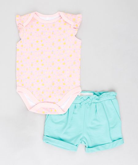 Conjunto Infantil de Body Estampado de Frutas Rosê + Short em Moletom com Laço Verde Claro Menor preço em Conjunto Infantil de Body Estampado de Frutas Rosê + Short em Moletom com Laço Verde Claro