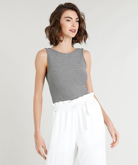 Body Feminino Básico Listrado Sem Manga Decote Redondo Preto Menor preço em Body Feminino Básico Listrado Sem Manga Decote Redondo Preto