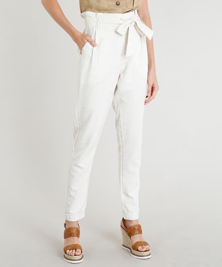 Calça Clochard Feminina com Linho Cintura Alta Bege Claro Menor preço em Calça Clochard Feminina com Linho Cintura Alta Bege Claro
