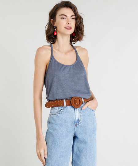 Regata Feminina Ampla com Trança Decote Nadador Azul Marinho Menor preço em Regata Feminina Ampla com Trança Decote Nadador Azul Marinho