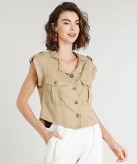 Camisa-Feminina-com-Bolsos-Manga-Curta-Kaki-9365673-Kaki_1