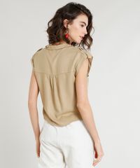Camisa-Feminina-com-Bolsos-Manga-Curta-Kaki-9365673-Kaki_2