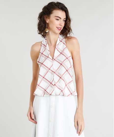 Regata-Feminina-Bluse-com-Estampa-Xadrez-Decote-V-Off-White-9371742-Off_White_1