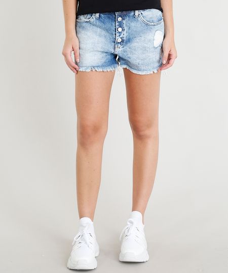 Short Jeans Feminino Boy Destroyed com Botões Azul Médio Menor preço em Short Jeans Feminino Boy Destroyed com Botões Azul Médio
