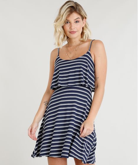 vestido listrado azul e branco curto