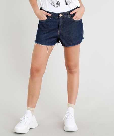 Short Jeans Feminino Boy com Barra Desfiada Azul Escuro Menor preço em Short Jeans Feminino Boy com Barra Desfiada Azul Escuro