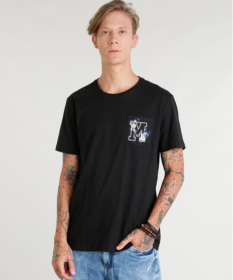 Camiseta-Masculina-com-Bolso-Estampado--M--Manga-Curta-Gola-Careca-Preta-9384920-Preto_1