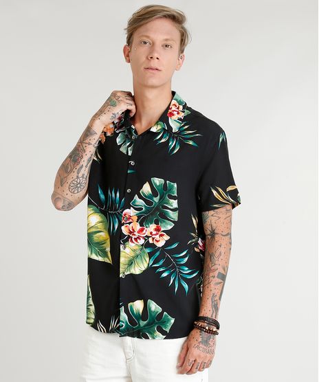 Camisa-Masculina-Estampada-Floral-Tropical-Manga-Curta-Preta-9395022-Preto_1