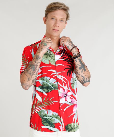 Camisa-Masculina-Estampada-de-Folhagens-Manga-Curta-Vermelha-9395014-Vermelho_1