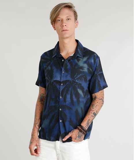Camisa-Masculina-Estampada-de-Coqueiros-Manga-Curta-Azul-9395020-Azul_1