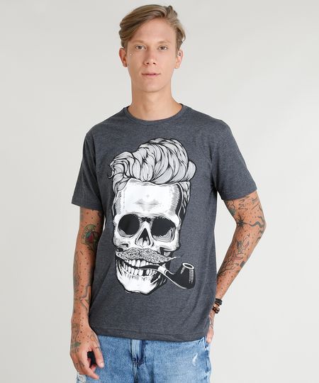 Camiseta-Masculina-Caveira-com-Cachimbo-Manga-Curta-Gola-Careca-Cinza-Mescla-Escuro-9253176-Cinza_Mescla_Escuro_1